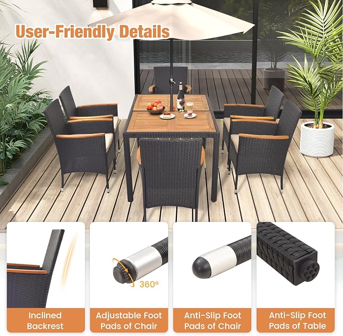 DORTALA Patio Dining Furniture Set for 6, 7 Piece PE Rattan & Acacia Wood Outdoor Table and Chairs with Umbrella Hole, Cushions for Backyard Poolside, 400 Lbs Capacity, Black