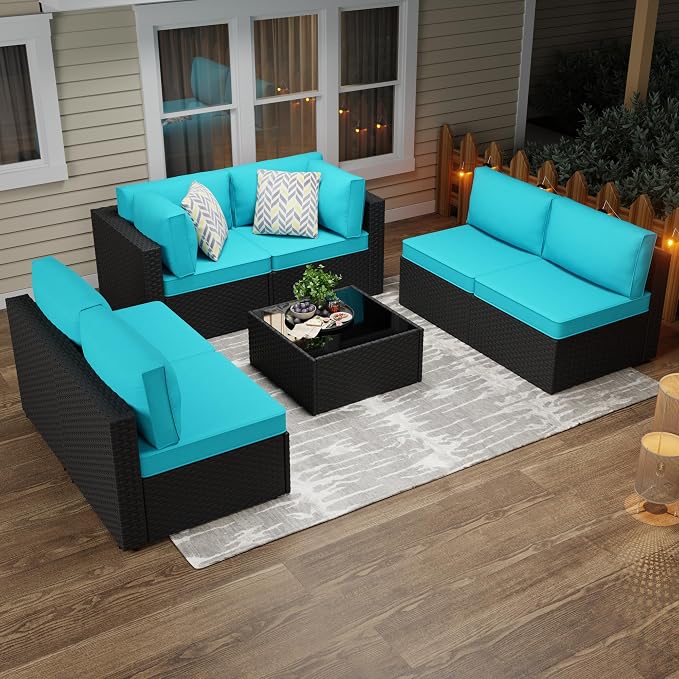 JAMFLY 7-Piece Outdoor Patio Furniture Set, Modular PE Rattan Sectional Sofa with Thick Cushions & Glass Coffee Table, Weather-Resistant Wicker Conversation Set for Poolside, Balcony, Garden, Blue