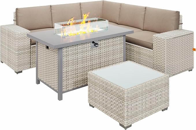 7 Piece Patio Furniture Set, 8" Wide Arm Sectional Sofa Set with 50000 BTU Propane Fire Pit Table & Coffee Table, Rattan Outdoor Conversation Set for Garden, Porch, Lawn, Khaki