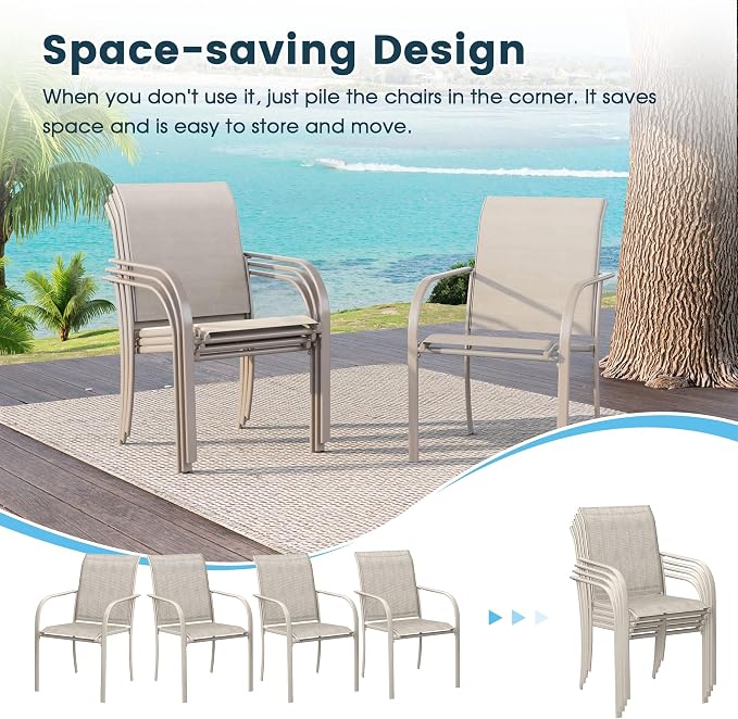 7 Pieces Patio Dining Set, 47" Round Dining Table with Umbrella Hole, 6 Stackable Textilene Fabric Chairs, Metal Structure for Patio, Porch, Garden(Sand Table, Sand Chair)
