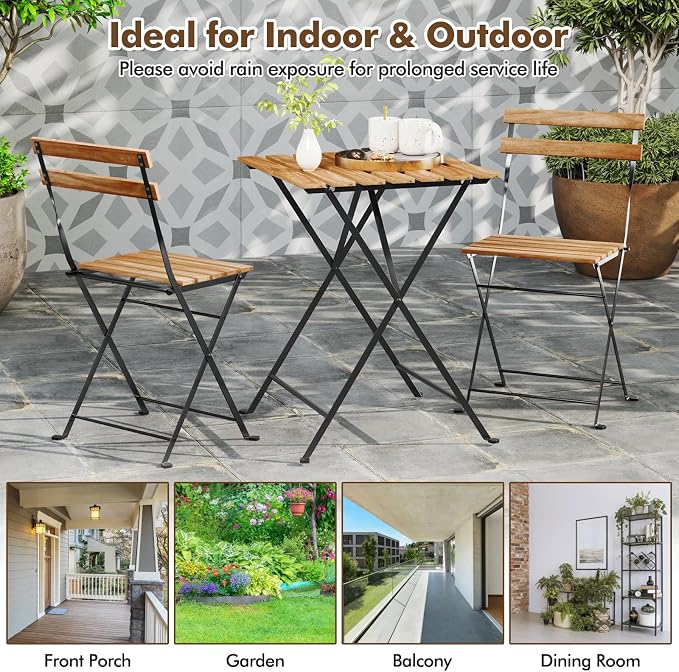 Giantex 3-Piece Acacia Wood Bistro Set, Patio Bistro Table with 2 Folding Chairs, Slatted Seat & Tabletop, Metal Frame, Outdoor Furniture Set for Backyard, Porch, Garden, Poolside (Black + Brown)