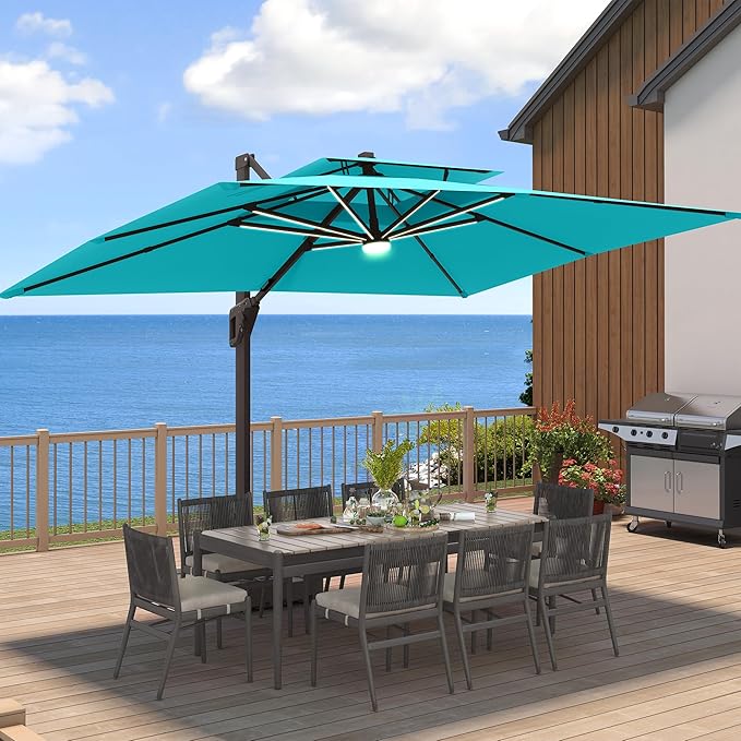 9 X 12 FT Cantilever Patio Umbrella with Led Lights Heavy Duty Outdoor Double Top Large Rectangle Offset Umbrellas with 360-degree Rotation for Garden Pool Deck Backyard, Turquoise