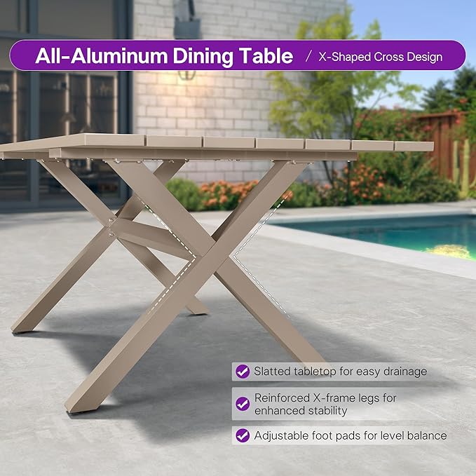 PURPLE LEAF 9 Pieces Outdoor Dining Set All Weather Wicker Patio Dining Set with Square Aluminum Table and Modern Armrest Dining Chairs for Garden Deck Backyard Kitchen, Champagne