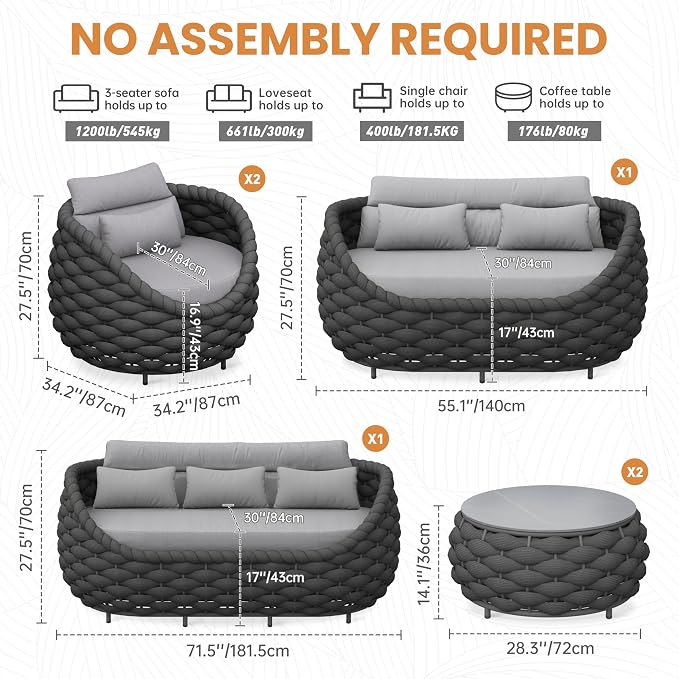 Patio Conversation Deck Furniture Set: 6-Piece Aluminum Woven Rope Outdoor Sofa Set - Modern Cushioned Couch Set - No Assembly Metal Porch Seating for Deck Yard Garden Lanai Pool Hotel Resort