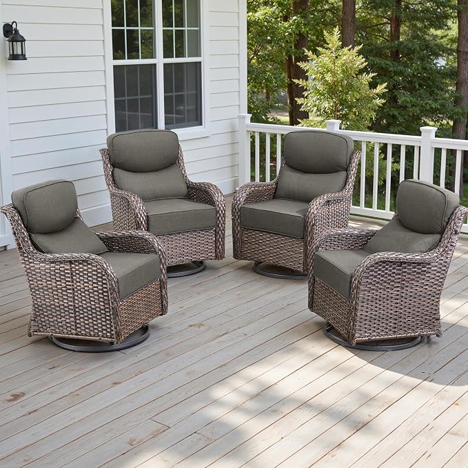 Rilyson Outdoor Swivel Rocker Chairs - All Weather Resistant Wicker Patio Furniture Set of 4 with High Back and 6 inch Thick Cushions for Deck Porch Yard and Poolside, Brown/Grey