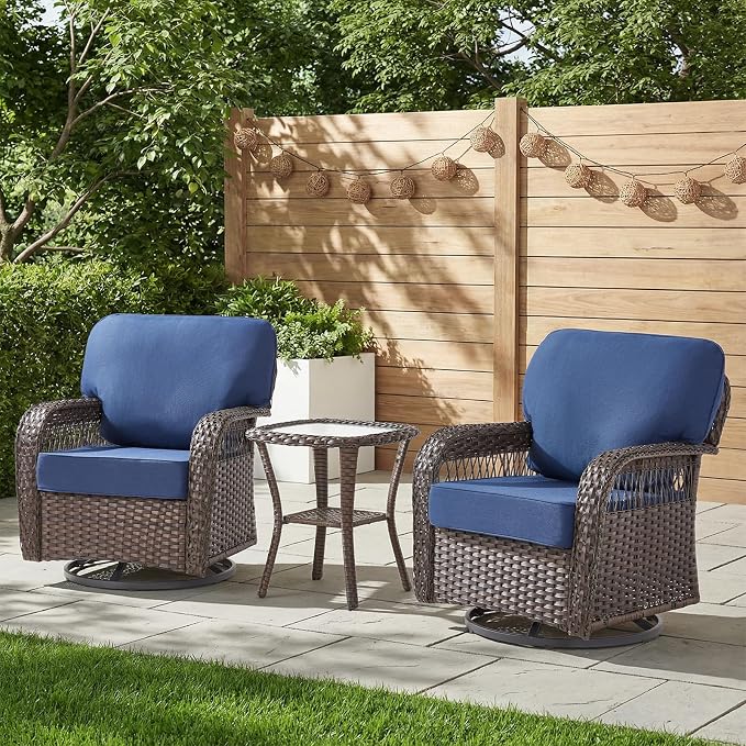 Belord 3 Piece Patio Set,Swivel Patio Chairs Set with Side Table, All-Weather Wicker Backyard Balcony Porch Seating Group,Blue
