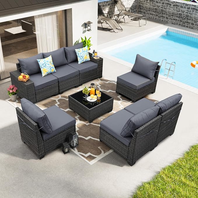 JOYURE 8 Pieces Patio Furniture Set All-Weather Outdoor Wicker Sectional Conversation Sofa Rattan Patio Seating Sofa with Cushion and Glass Table for Porch Poolside,Grey