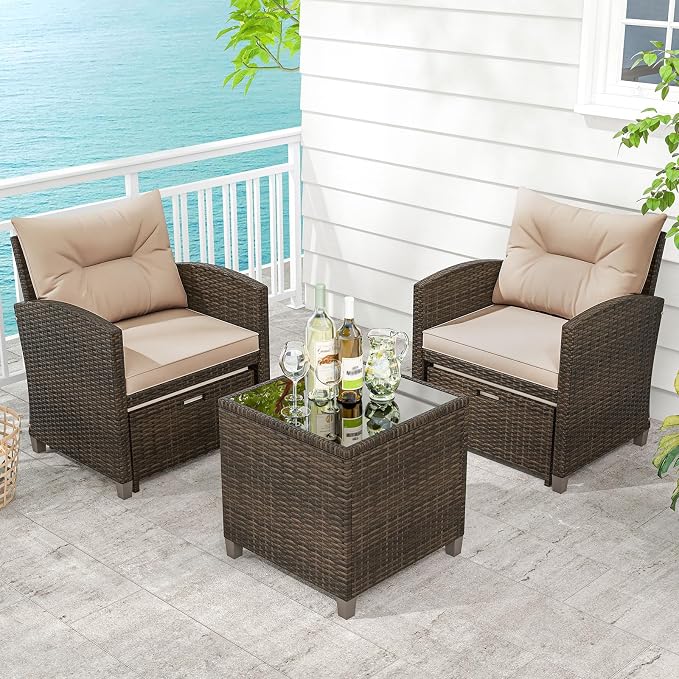 ORALNER 5 Pieces Patio Furniture Set with Ottoman, Wicker Conversation Set w/Cushions, Glass Coffee Table, Outdoor Rattan Lounger Chairs Bistro Set for Porch Balcony Garden Deck Poolside (Beige)