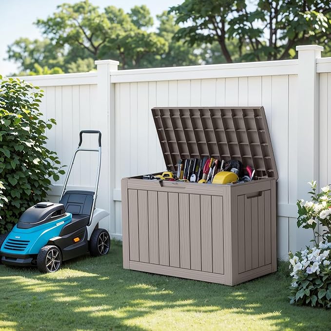 Vixzen 45 Gallon Waterproof Large Deck Box, Lockable Resin Outdoor Storage Box with Hydraulic Lid, Durable Storage Bin for Patio Furniture Cushions, Garden Tools, Pool Accessories, Grey