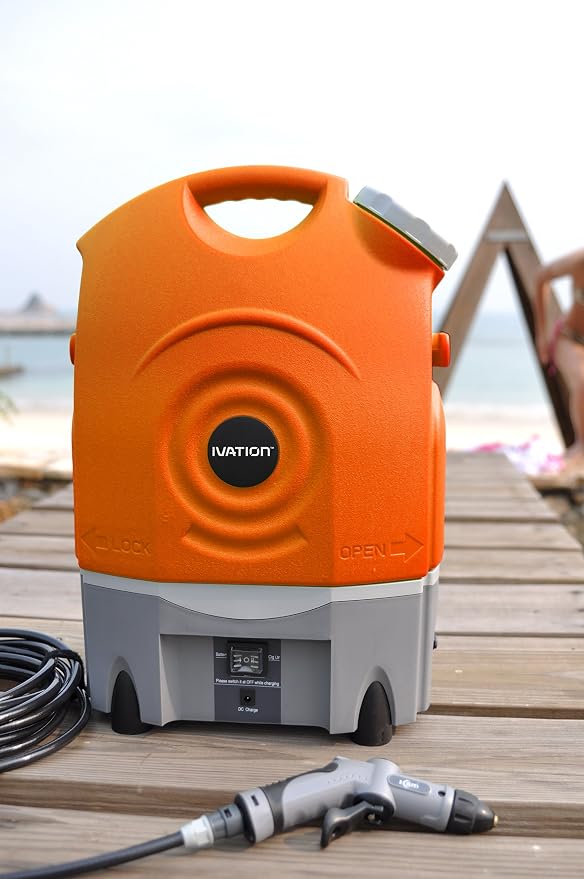 Ivation Multipurpose Portable Spray Washer w/Water Tank - Runs on Built-in Rechargeable Battery, Home Plug and 12v Car Plug - Integrated Roller Wheels