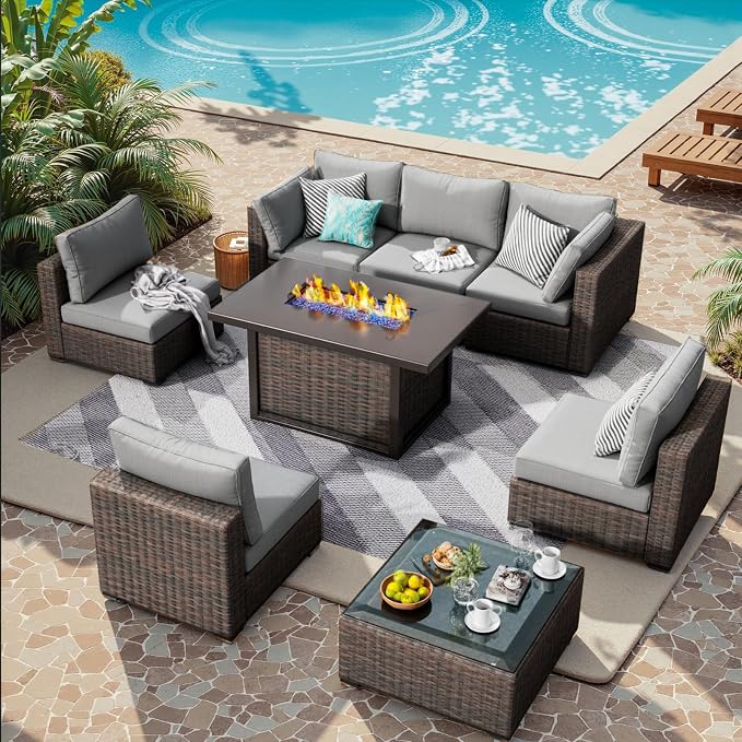 Patio Furniture Set 8 Pieces with 44" Fire Pit Table, Rattan Outdoor Sectional Conversation Sets, All Weather Outdoor Furniture Set with Cushions for Garden Lawn Balcony Porch Deck Grey