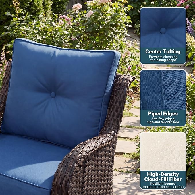 Luxury Patio Conversation Set, 3-Piece Ergonomic High Back Wicker Swivel Chair Set with 6-Inch Deep Seating Cushions, Large Patio Furniture Set for Garden, Deck & Balcony, Navy Blue
