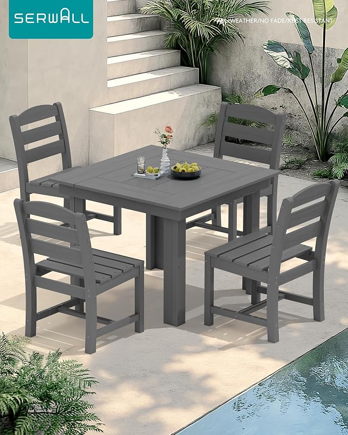 SERWALL Outdoor Dining Set for 4, HDPE Square Table and Chairs Set All Weather Patio Dining Set with 4 Armless Chairs for Patio, Gray
