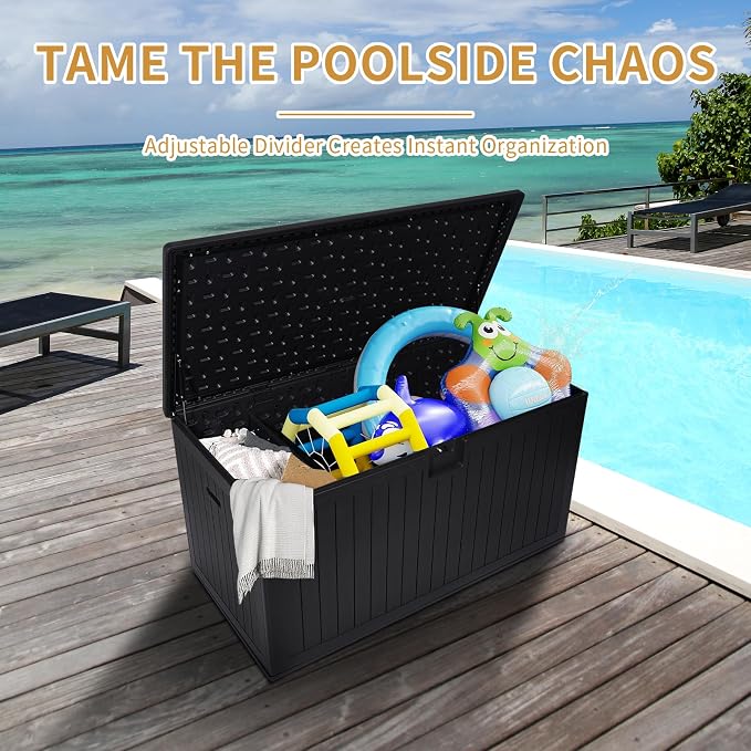 Extra Large Lockable Metal Deck Box, Waterproof Outdoor Patio Storage Container for Furniture Cushions, Pool Accessories & Garden Tools (Black + Plastic, 230, Gallons)