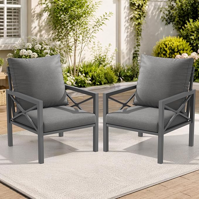 2-Piece All-Weather Metal Patio Furniture Set, Outdoor Bistro Armchairs with Cushions, Heavy Duty Steel Frame & Washable Cushions for Backyard Garden (Grey)
