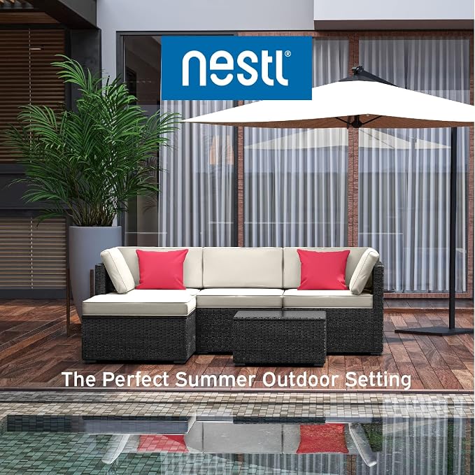 Nestl Outdoor Patio Furniture Sectional, Black Base/Off White Cushions