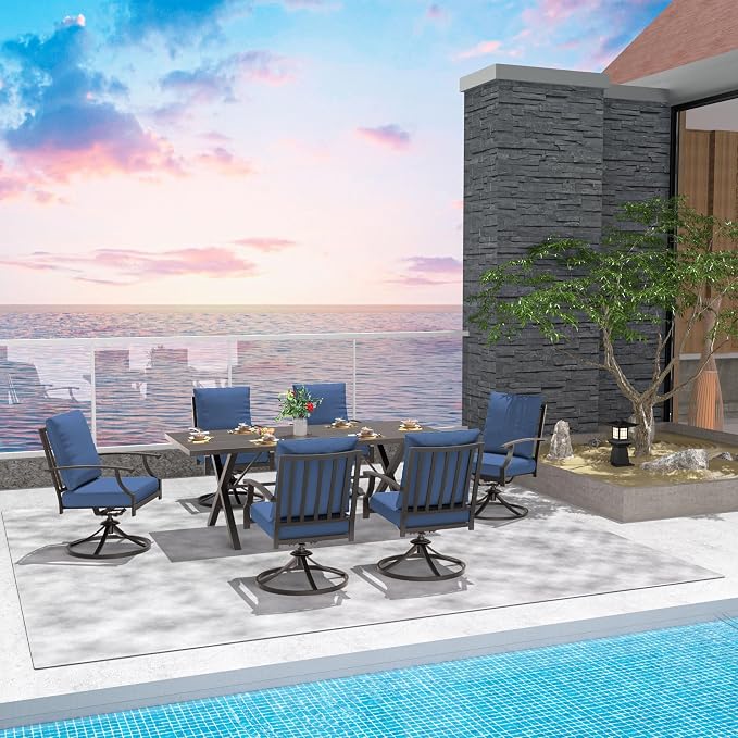7-Piece Patio Dining Set Outdoor Conversation Set,Metal Outdoor Furniture Set with Umbrella Hole Cut-Out 78.7" x 35.4" Table and 6 Metal Backrest Swivel Chairs for Backyard,Garden,NavyBlue