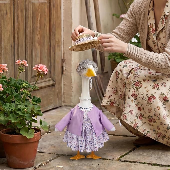 Old Lady Porch Goose Outfits Grandma Goose Clothes Glasses Curly Wig Floral Print Dress Cardign and Pearl Necklace,23'' Geese Statue Outdoor Patio Yard Lawn Decoration (Mixed)