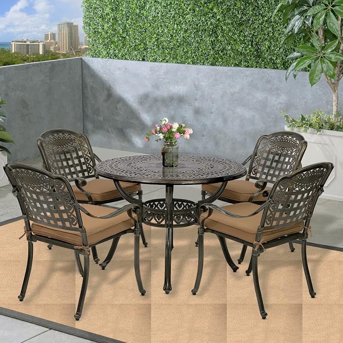 5-Piece Outdoor Patio Dining Set, All-Weather Cast Aluminum Furniture Conversation Set, Include 4 Cushioned Chairs and a 38.5” Round Table with Umbrella Hole for Balcony, Lawn, Khaki