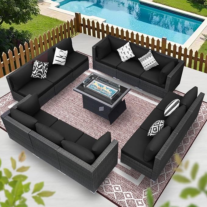 BULEXYARD 13 Piece High Back Outdoor Furniture Sets with Fire Pit, Luxury Patio Sectional Couch Sofa 12-Seater Modular, Comfortable Extra Large Wide Deep Backyard Seating Conversation Set, Grey&Black