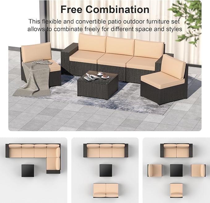 Patio Furniture Set, 6PCS Patio Sectional with Ottoman Wicker Rattan Outdoor Furniture with Thickened Cushion Modular Wicker Patio Conversation Set with Glass Top Table for Balcony, Backyard(Khaki)