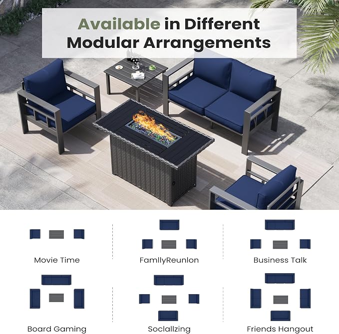 6 Piece Aluminum Patio Furniture Set with 44" Fire Pit Table & Thick Cushions, Aluminum Outdoor Sectional Conversation Set with Coffee Table for Porch, Backyard(Grey/Navy Blue)