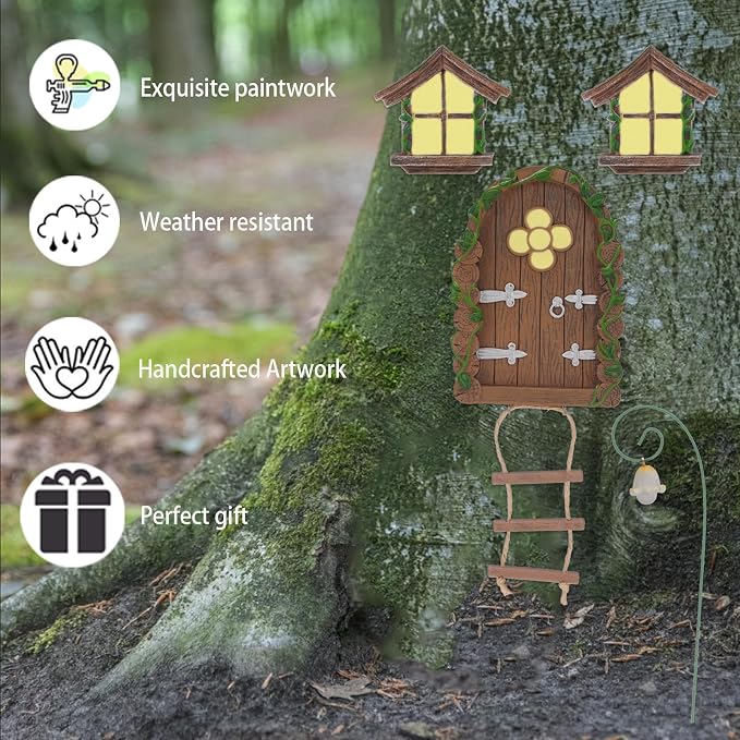 Fairy Door and Windows for Trees Outdoor, Glow in The Dark Fairy Doors Miniature Fairy Garden Accessories, Yard Art Sculpture Decoration Fairy Garden Decor with Lantern for Outside, Patio (Ladder)
