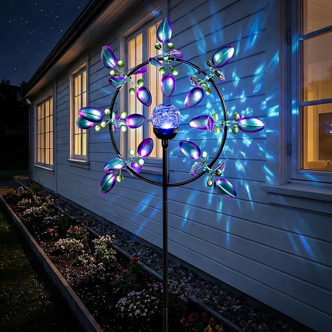 Large Peacock Solar Wind Spinner Outdoor - Metal Kinetic Sculptures with Color-Changing Glass Ball, Dual Direction Spinning Garden Art Decor, Waterproof Lighted Windmills for Patio, Yard, Lawn