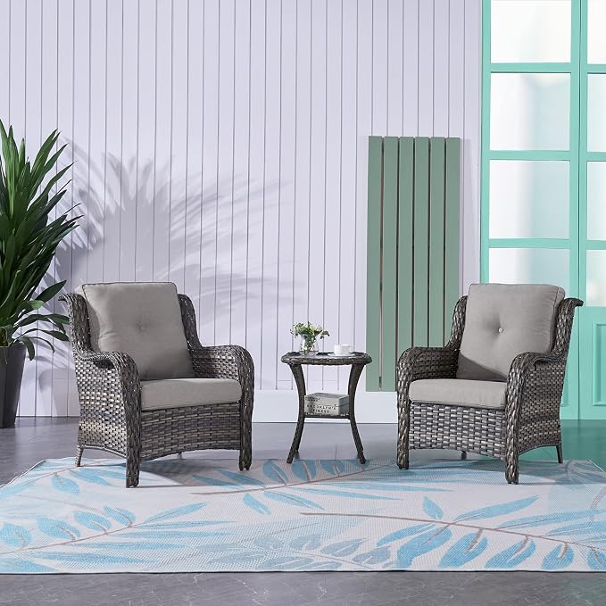 Rilyson Patio Bistro Set Wicker Chairs - 3 Piece Outdoor Rattan Conversation Set with 2 Armrest Chair and 1 Side Table for Proch Deck Garden Backyard Balcony(Mixed Grey/Grey)