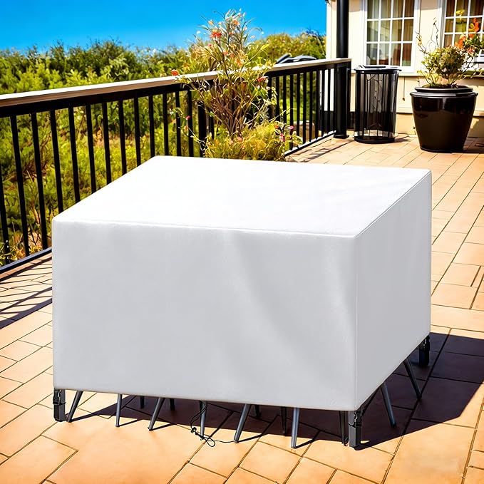 Patio Furniture Cover Rectangle 80"(L) x 48"(W) x 36"(H), Custom Heavy Duty 420D Waterproof Outdoor Cover with Drawstring & Buckles for Table Chair Garden, Silver