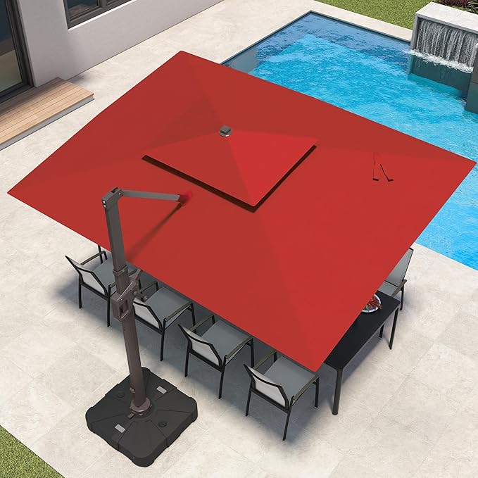9x12 FT Patio Umbrella with LED Lights Cantilever Outdoor Large Heavy Duty Rectangle Aluminum Offset Umbrellas Double Top 360 Rotation 7 Tilt Adjustment for Pool Deck Garden, Red