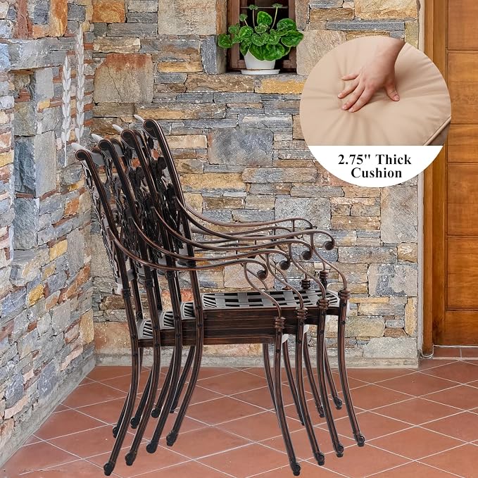 7-Piece Cast Aluminum Outdoor Dining Set, Copper Red Patio Furniture for 6 Includes 60" Rectangular Dining Table and Unique Strawberry & Leaf 6 Stackable Chairs with Cushions & Umbrella Hole