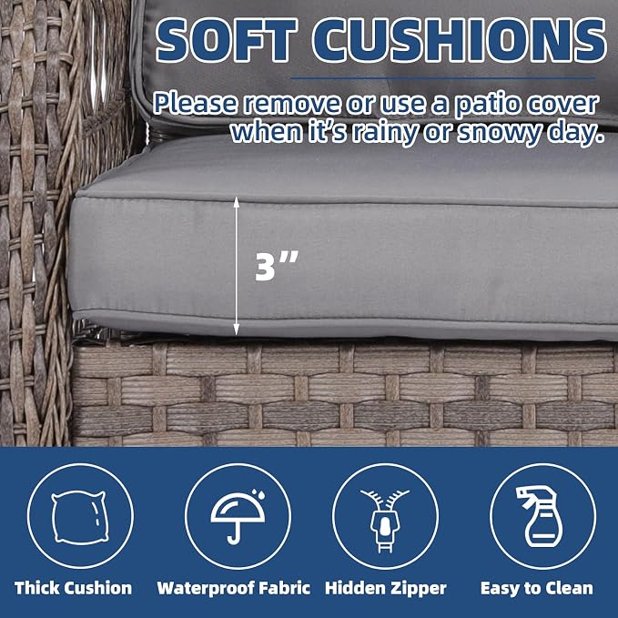 2 Piece Outdoor Wicker Gliding Loveseat Set, Patio Conversation Furniture Sets with 2-Seater Glider Rocking Bench, Glass-Top Coffee Table and Cushions for Porch Garden Poolside, Gray