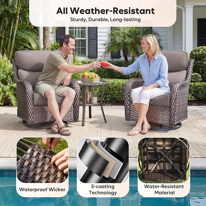 Rilyson Outdoor Swivel Rocker Chairs - All Weather Resistant Wicker Patio Furniture Set of 2 with High Back and 6 inch Thick Cushions for Deck Porch Yard and Poolside, Brown/Grey