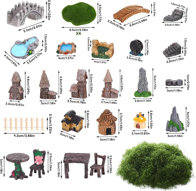 32 Pcs Fairy Garden Accessories Miniature Landscape Ornaments Set | Resin Miniature Garden Decor Set with Woodland Animals Houses, 32 Pcs DIY Terrarium Succulent Plant Ornaments