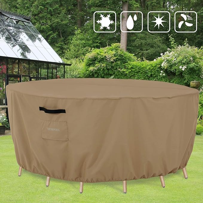 Tempera Outdoor Round Table Cover , Sectional Sofa , Dining Set cover , Anti-Fading , Waterproof Patio Cover for Outdoor Furniture, 96"D x 27.8"H, Taupe