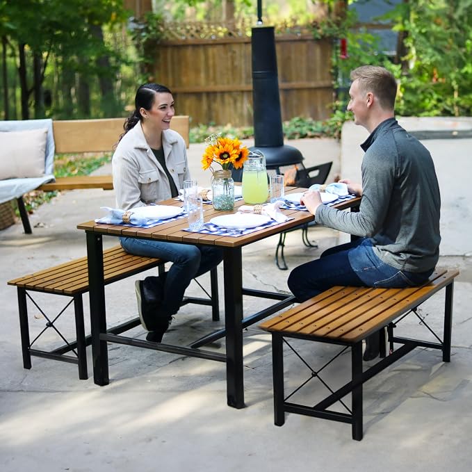 Sunnydaze Indoor or Outdoor 3-Piece Dining Table Set - European Chestnut Patio Dining Table with Benches - 47.25-Inch x 15.25-Inch