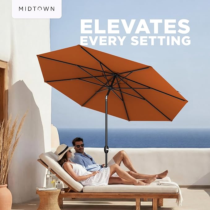 Midtown Umbrellas – The Lean 9 Ft Patio Umbrella with 10-Year-No-Fade Acrylast Acrylic Fabric, Auto-Tilt and 8 Reinforced Ribs for Deck, Pool, Garden, Hotel & Cafes – Sienna Rust Canopy, Black Pole
