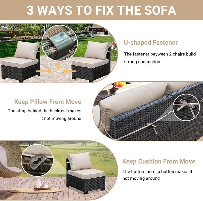 Jing's Villa 2 Piece Patio Wicker Armless Sofa, All-Weather Outdoor Sectional Sofa Set with Thick Seat Cushions and 2 Back Cushions for Garden Patio, Backyard, Poolside Beige