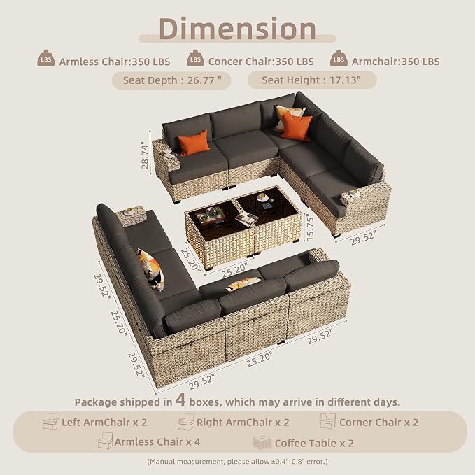 CAODOC Patio Furniture Sets 12 Pieces Outdoor Sectional Rattan Sofa Manual Weaving Wicker Patio Conversation Set with Ottomans and T Cushion(Black)