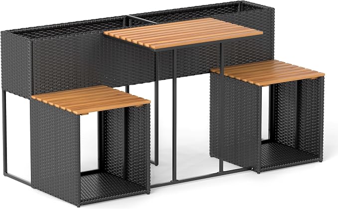 Tangkula Patio Furniture Set with Raised Garden Bed, PE Rattan Garden Planter Table with Built-in Chairs and Storage Space, Acacia Wood Outdoor Conversation Set with Sturdy Metal Frame