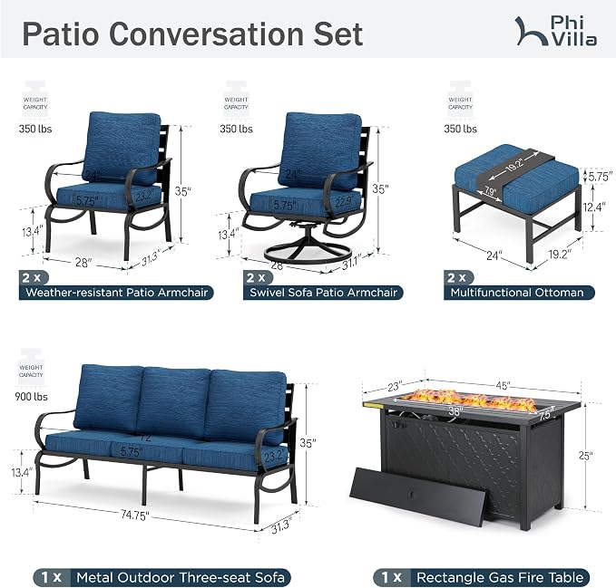 PHI VILLA 8 PCS Patio Furniture Set with Fire Pit Table,Metal Outdoor Furniture with 1 x 3-Seat Bench Sofa, 2 x Swivel Sofa Chairs, 2 x Leg Chair & 2 x Ottoman, Modern Patio Set, Peacock Blue