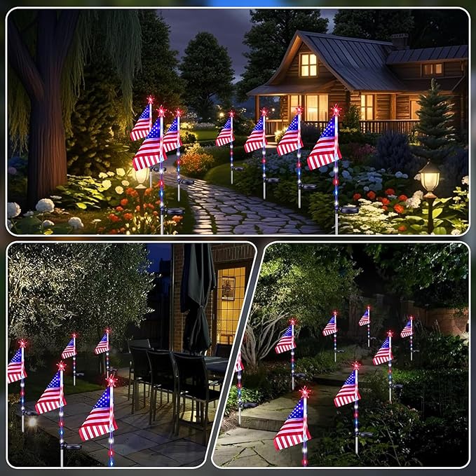 4th of July Decorations Outdoor Solar Lights, 12 Pack Red White and Blue American Flag Star Lights for National Day, 2 Modes Waterproof Solar Patriotic Light for Independence Memorial Day Yard Pathway