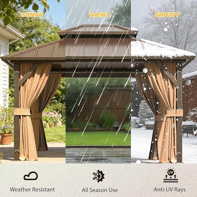 YOLENY 10' x 12' Hardtop Gazebo, Metal Gazebo with Aluminum Frame, Double Galvanized Steel Roof, Curtains and Netting Included, Pergolas for Patios, Garden, Parties, Lawns