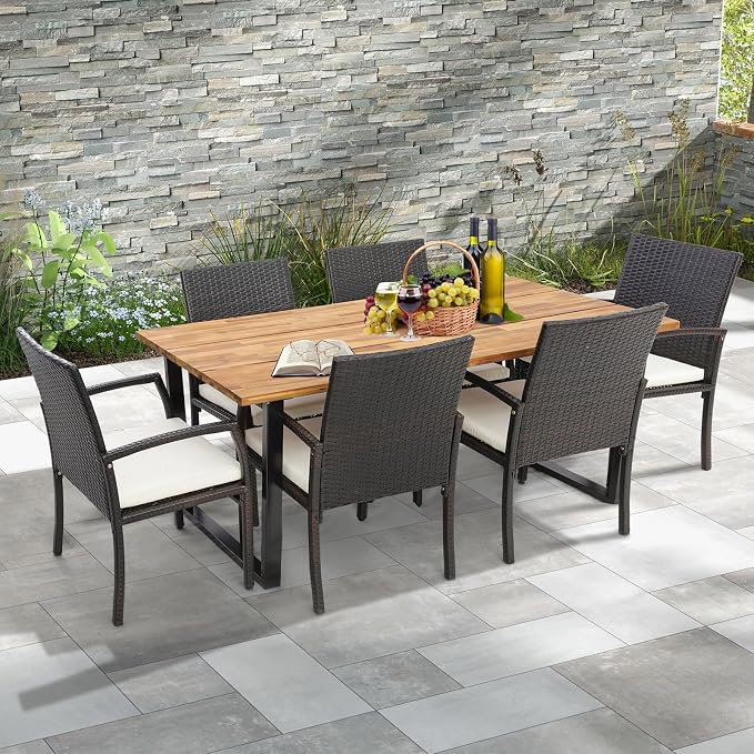 Tangkula 7 Piece Patio Rattan Dining Set, Outdoor Wicker Chair & Dining Table Set, Acacia Wood Tabletop w/Umbrella Hole, Seat Cushions Included, for Poolside, Backyard (7 PCS)