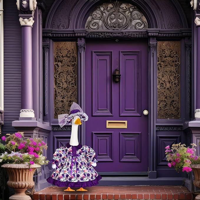 Spring Flower Goose Outfit Daisy Rose Floral Dress for 23'' Cement Plastic Goose Statue for Valentines Day Summer Outdoor Garden Yard Patio Lawn Decor (Purple Flower)