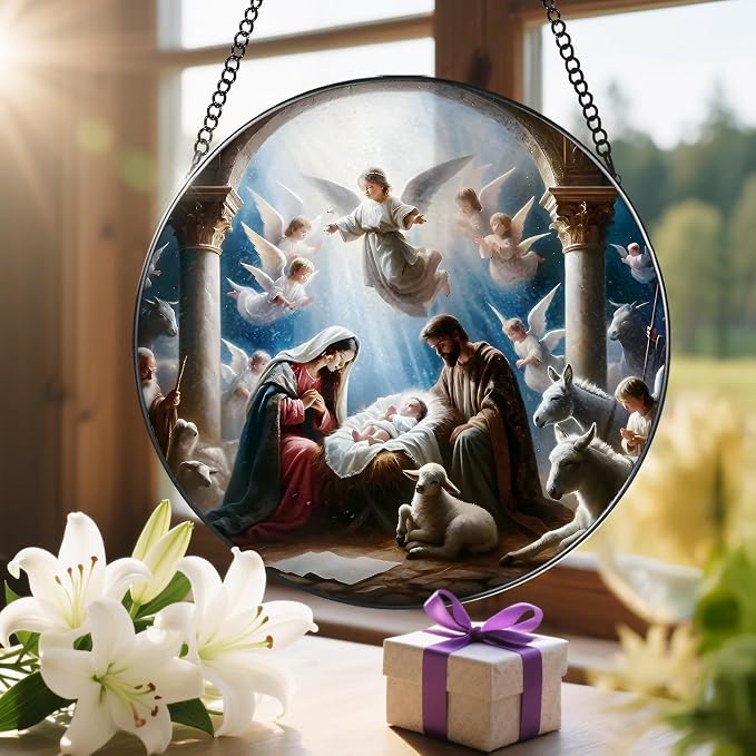 Stained Glass Window Hanging, LAOWEIKI 8'' Nativity Scene Suncatcher, Stained Glass Ornament, Nativity Scene Window Decor, Outdoor or Indoor, Christian Gifts, Religious Gifts for Women