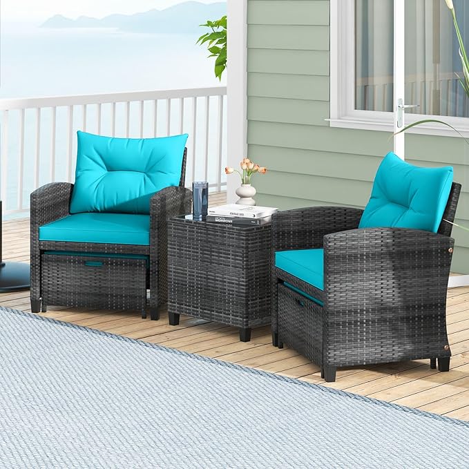 ORALNER 5 Pieces Patio Furniture Set with Ottoman, Wicker Conversation Set w/Cushions, Glass Coffee Table, Outdoor Lounger Rattan Chairs Bistro Set for Porch Balcony Garden Deck Poolside (Turquoise)