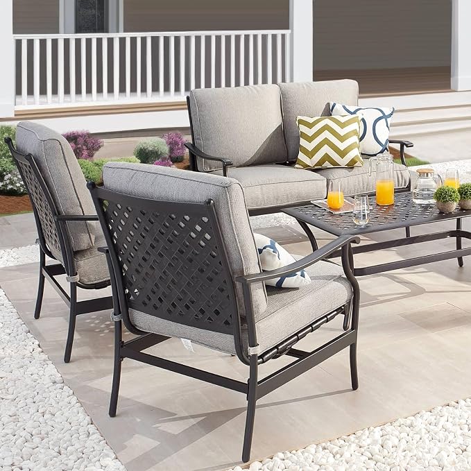 Patio Conversation Set 4 Pieces Cushioned Outdoor Furniture Sets with All Weather Frame Grey Cushion for Porch Backyard Lawn