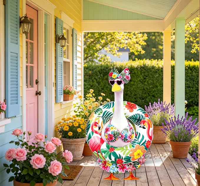 Porch Goose Outfits Summer Swimsuit - 5-Piece Large Lawn Goose Clothes with Bikini, Bow Headband, Star Sunglasses, Swim Ring & Pump, Outdoor Yard Decor